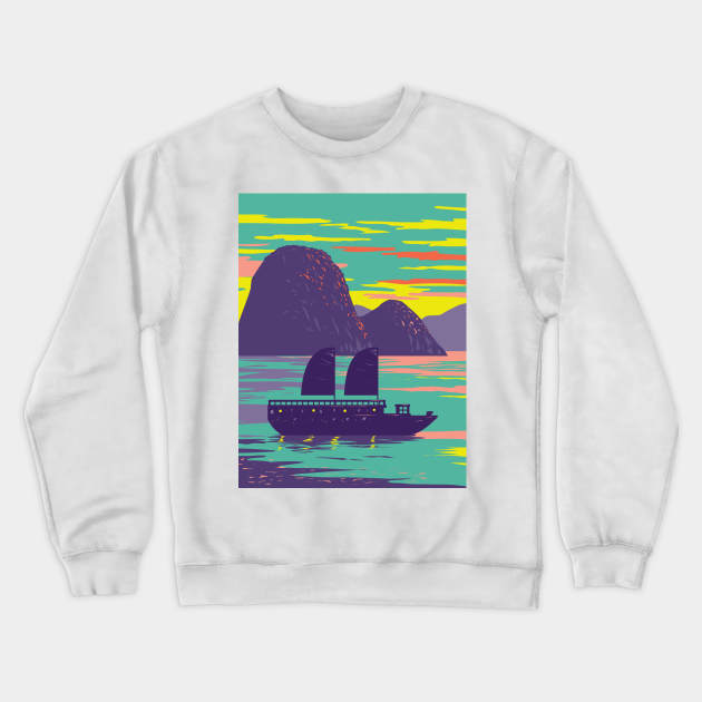 Ha Long Bay or Halong Bay with Junk Boat Vietnam WPA Art Deco Poster Crewneck Sweatshirt by patrimonio